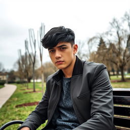 A young man with a look of disappointment on his face, sitting on a park bench under a grey sky