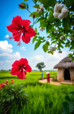 A serene summer scene in rural Bangladesh, featuring vibrant red hibiscus flowers (ঝিঙফুল) and the silky cotton tree (শিমুল) in full bloom