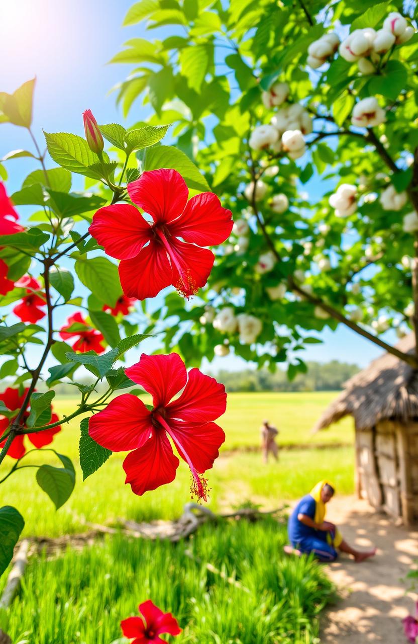 A serene summer scene in rural Bangladesh, featuring vibrant red hibiscus flowers (ঝিঙফুল) and the silky cotton tree (শিমুল) in full bloom