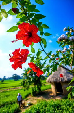 A serene summer scene in rural Bangladesh, featuring vibrant red hibiscus flowers (ঝিঙফুল) and the silky cotton tree (শিমুল) in full bloom