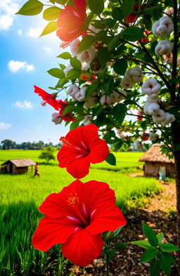 A serene summer scene in rural Bangladesh, featuring vibrant red hibiscus flowers (ঝিঙফুল) and the silky cotton tree (শিমুল) in full bloom