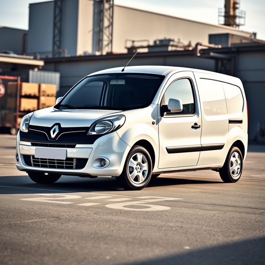 A sleek white Renault Kangoo industrial van prominently displayed, showcasing its modern design and practicality