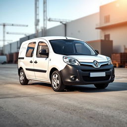 A sleek white Renault Kangoo industrial van prominently displayed, showcasing its modern design and practicality