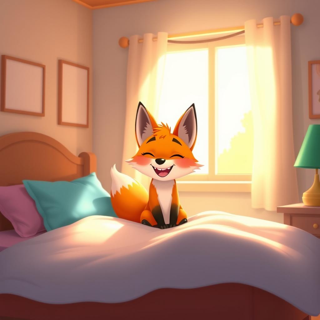 In a cozy bedroom, an adorable orange fox wakes up happily on a bed, sunlight streaming through the window and filling the room with a warm glow