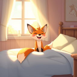 In a cozy bedroom, an adorable orange fox wakes up happily on a bed, sunlight streaming through the window and filling the room with a warm glow