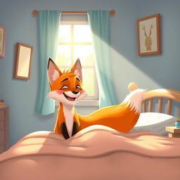 In a cozy bedroom, an adorable orange fox wakes up happily on a bed, sunlight streaming through the window and filling the room with a warm glow