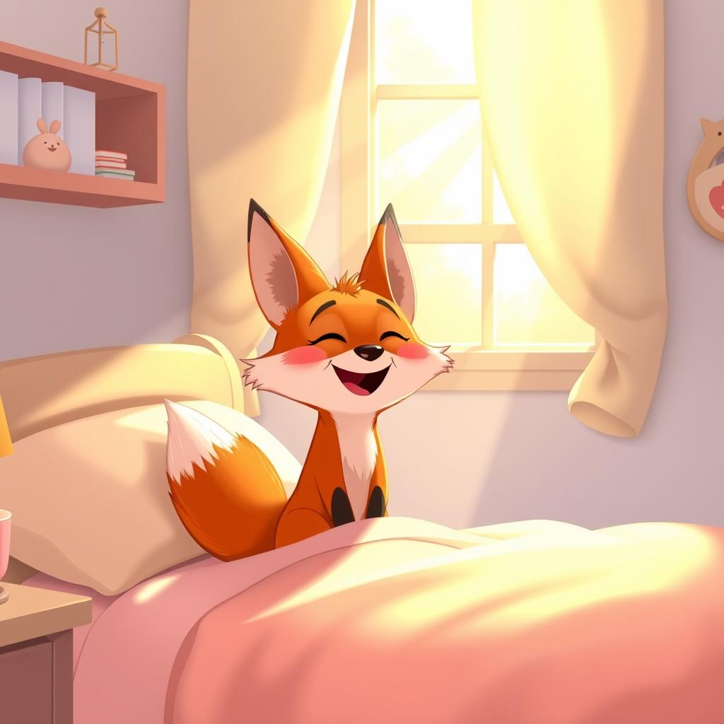 In a cozy bedroom, an adorable orange fox wakes up happily on a bed, sunlight streaming through the window and filling the room with a warm glow