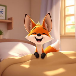 In a bright and cheerful morning setting, a cute orange fox joyfully wakes up from its bed, with sunlight streaming through the window and illuminating the room