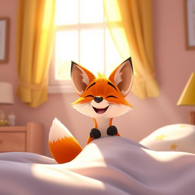 In a bright and cheerful morning setting, a cute orange fox joyfully wakes up from its bed, with sunlight streaming through the window and illuminating the room