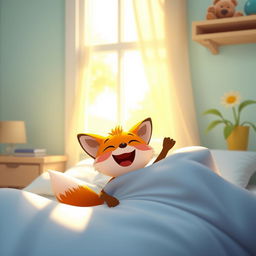 In a bright and cheerful morning setting, a cute orange fox joyfully wakes up from its bed, with sunlight streaming through the window and illuminating the room