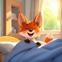 In a bright and cheerful morning setting, a cute orange fox joyfully wakes up from its bed, with sunlight streaming through the window and illuminating the room