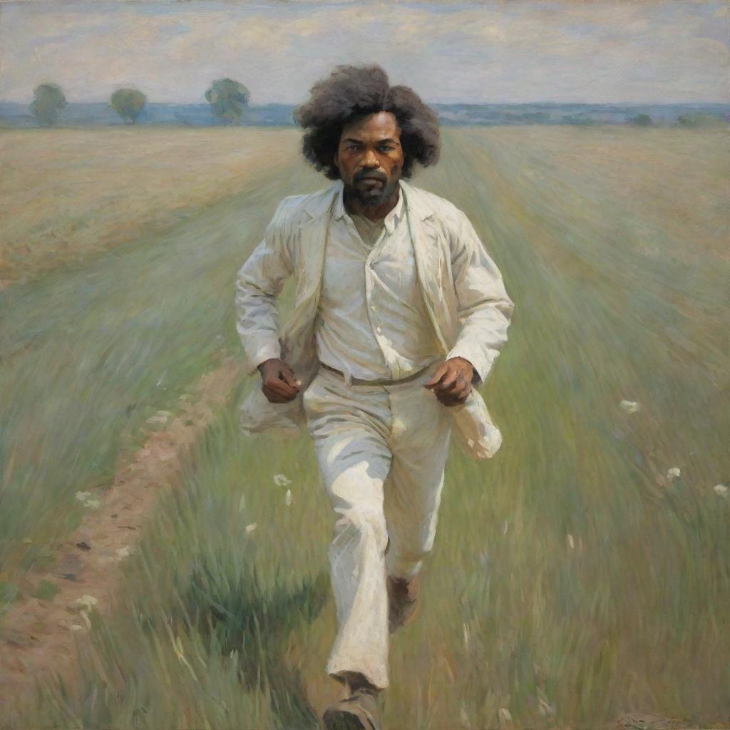 Depict a young Frederick Douglass, dressed in white casual clothes, fearfully running across a field. Created in Claude Monet's impressionistic style, the landscape blends with the motion, enhancing the urgency and intensity of the scene.