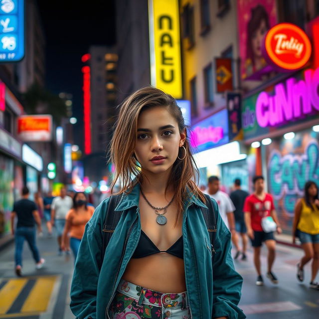 A young woman in her twenties, styled with vibrant urban clothing, stands on a bustling street in Sao Paulo, Brazil