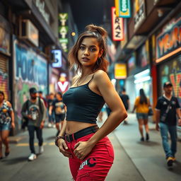 A young woman in her twenties, styled with vibrant urban clothing, stands on a bustling street in Sao Paulo, Brazil