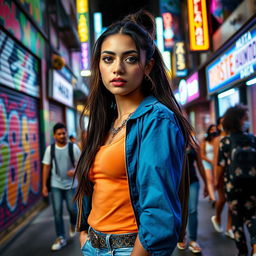 A young woman in her twenties, styled with vibrant urban clothing, stands on a bustling street in Sao Paulo, Brazil