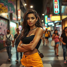 A young woman in her twenties, styled with vibrant urban clothing, stands on a bustling street in Sao Paulo, Brazil