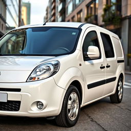 A sleek white modern Renault Kangoo Industrial Van parked in an urban environment, showcasing its streamlined design and contemporary features