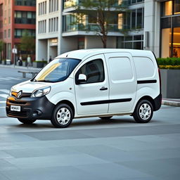 A sleek white modern Renault Kangoo Industrial Van parked in an urban environment, showcasing its streamlined design and contemporary features