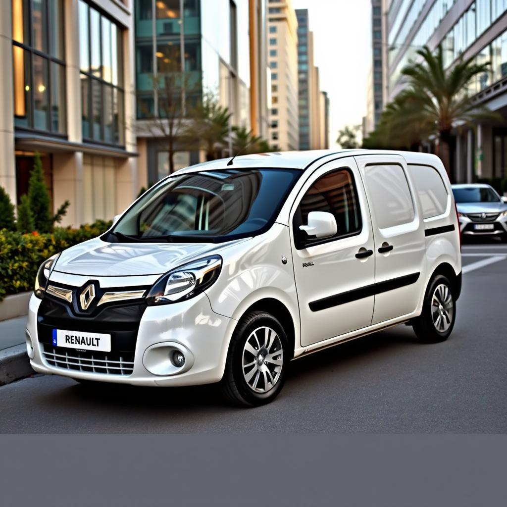 A sleek white modern Renault Kangoo Industrial Van parked in an urban environment, showcasing its streamlined design and contemporary features