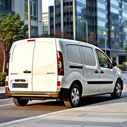 A sleek white modern Renault Kangoo Industrial Van parked in an urban environment, showcasing its streamlined design and contemporary features