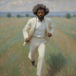 Depict a young Frederick Douglass, dressed in white casual clothes, fearfully running across a field. Created in Claude Monet's impressionistic style, the landscape blends with the motion, enhancing the urgency and intensity of the scene.