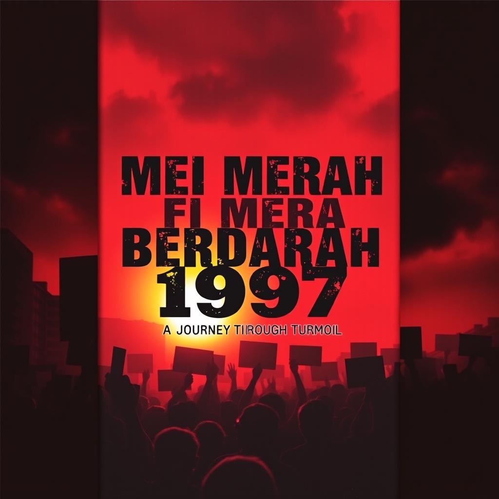 A striking novel cover for 'Mei Merah Berdarah 1997', featuring a dramatic red and black color scheme that symbolizes tension and conflict