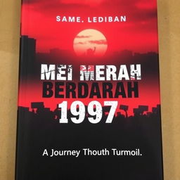 A striking novel cover for 'Mei Merah Berdarah 1997', featuring a dramatic red and black color scheme that symbolizes tension and conflict