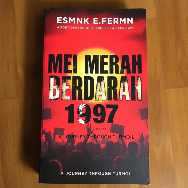 A striking novel cover for 'Mei Merah Berdarah 1997', featuring a dramatic red and black color scheme that symbolizes tension and conflict