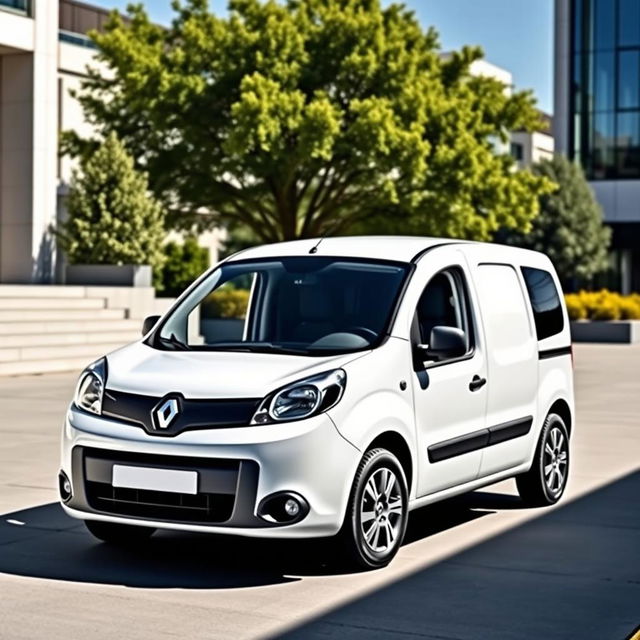 A sleek white Renault Kangoo Industrial Van prominently featured in a sunny outdoor setting, emphasizing its modern design and aerodynamic shape