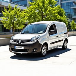 A sleek white Renault Kangoo Industrial Van prominently featured in a sunny outdoor setting, emphasizing its modern design and aerodynamic shape