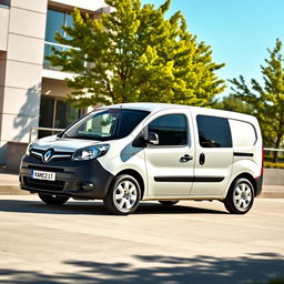 A sleek white Renault Kangoo Industrial Van prominently featured in a sunny outdoor setting, emphasizing its modern design and aerodynamic shape