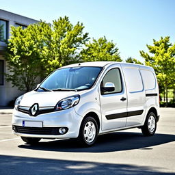 A sleek white Renault Kangoo Industrial Van prominently featured in a sunny outdoor setting, emphasizing its modern design and aerodynamic shape