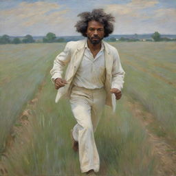 Depict a young Frederick Douglass, dressed in white casual clothes, fearfully running across a field. Created in Claude Monet's impressionistic style, the landscape blends with the motion, enhancing the urgency and intensity of the scene.