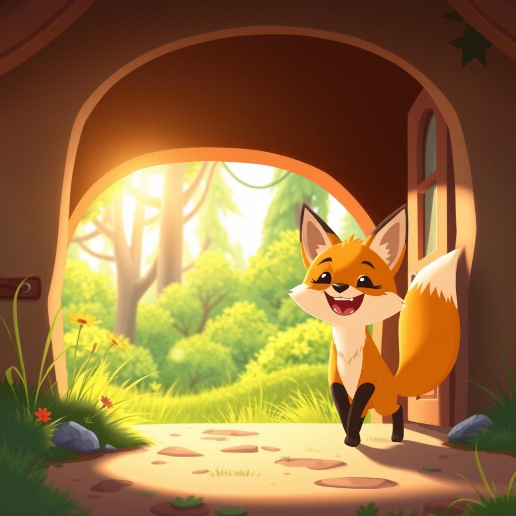 In a bright morning scene, a cute orange fox happily walks out of a cozy home, its expression filled with joy and excitement as it heads towards a lush, green forest