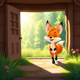 In a bright morning scene, a cute orange fox happily walks out of a cozy home, its expression filled with joy and excitement as it heads towards a lush, green forest