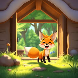 In a bright morning scene, a cute orange fox happily walks out of a cozy home, its expression filled with joy and excitement as it heads towards a lush, green forest