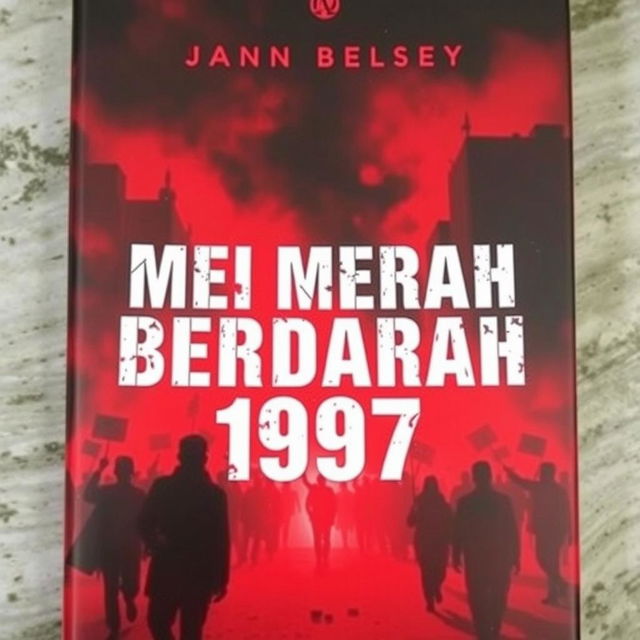 A captivating novel cover for 'Mei Merah Berdarah 1997' that features an intense red and black color palette symbolizing turmoil and conflict