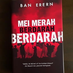 A captivating novel cover for 'Mei Merah Berdarah 1997' that features an intense red and black color palette symbolizing turmoil and conflict