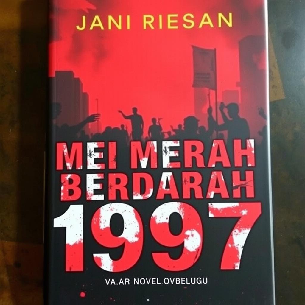 A captivating novel cover for 'Mei Merah Berdarah 1997' that features an intense red and black color palette symbolizing turmoil and conflict