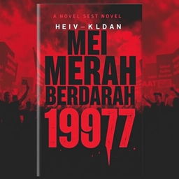 A captivating novel cover for 'Mei Merah Berdarah 1997' that features an intense red and black color palette symbolizing turmoil and conflict