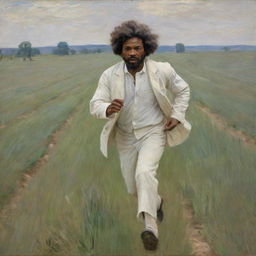 Depict a young Frederick Douglass, dressed in white casual clothes, fearfully running across a field. Created in Claude Monet's impressionistic style, the landscape blends with the motion, enhancing the urgency and intensity of the scene.