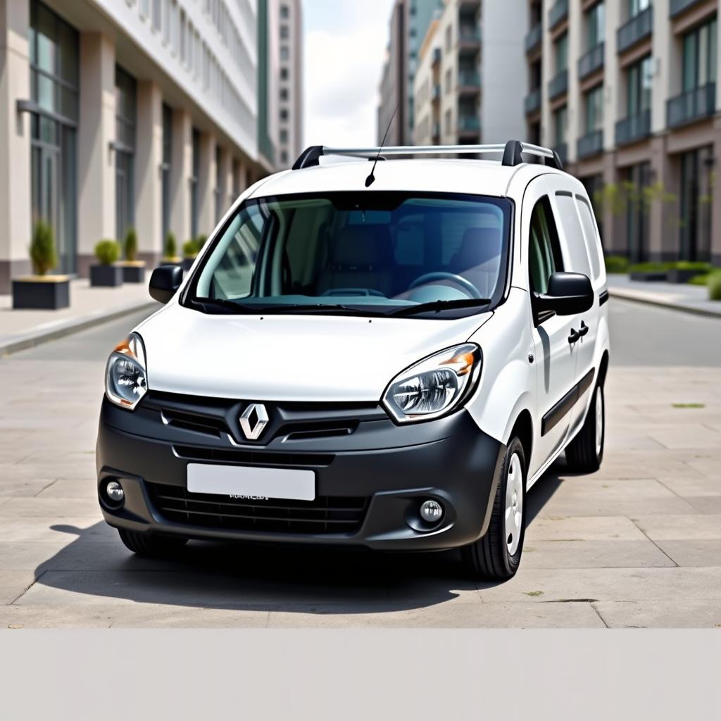 A sleek white Renault Kangoo Industrial Van displayed in a bright, open urban space, emphasizing its smooth, modern contours and functional design