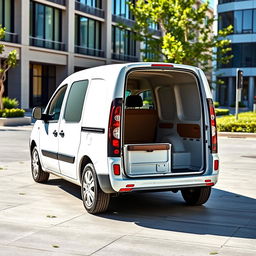 A sleek white Renault Kangoo Industrial Van displayed in a bright, open urban space, emphasizing its smooth, modern contours and functional design