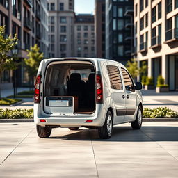 A sleek white Renault Kangoo Industrial Van displayed in a bright, open urban space, emphasizing its smooth, modern contours and functional design