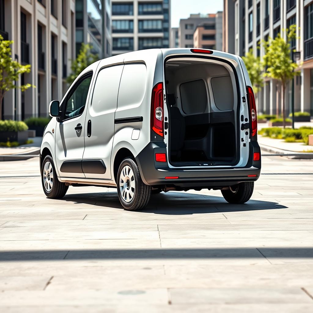 A sleek white Renault Kangoo Industrial Van displayed in a bright, open urban space, emphasizing its smooth, modern contours and functional design