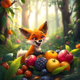 In a beautiful forest setting during the morning, a cute orange fox excitedly discovers a collection of stunning, colorful fruits nestled among the lush greenery