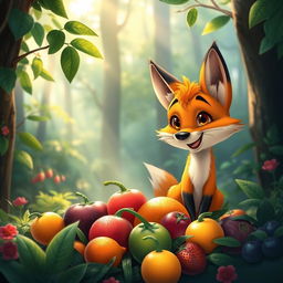 In a beautiful forest setting during the morning, a cute orange fox excitedly discovers a collection of stunning, colorful fruits nestled among the lush greenery