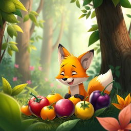 In a beautiful forest setting during the morning, a cute orange fox excitedly discovers a collection of stunning, colorful fruits nestled among the lush greenery