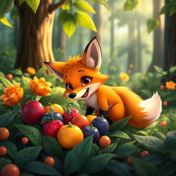 In a beautiful forest setting during the morning, a cute orange fox excitedly discovers a collection of stunning, colorful fruits nestled among the lush greenery