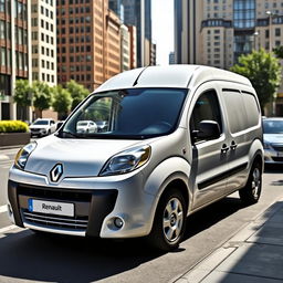 A sleek white Renault Kangoo Industrial Van parked in an urban setting, showcasing its modern and aerodynamic design